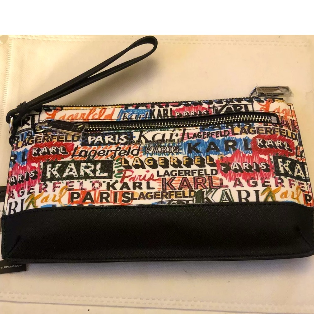 Karl Lagerfeld Faux Leather White,Black & Rainbow Scribble Wristlet NWT